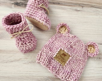 Baby Bear Hat and Booties Set, Pink Baby Hat, Pink Baby Booties, Baby Shower Gift, Wool Baby Hat, Baby Booties With Suede Soles, Little Bear