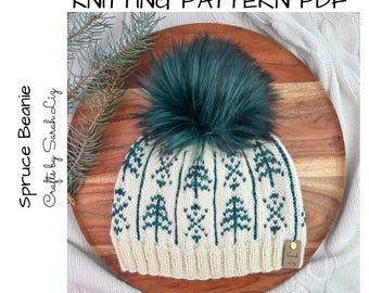 KNITTING PATTERN - Spruce Beanie, Knit Beanie Pattern, Fair Isle Knitting Pattern, Beanie Knitting Pattern, Pine Tree Beanie Pattern