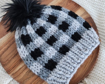 Women's Plaid Hat, Black Gray Plaid Hat, Chunky Knit Hat, Winter Beanie, Womens Beanie, Gift Women, Buffalo Plaid Hat, Plaid Beanie