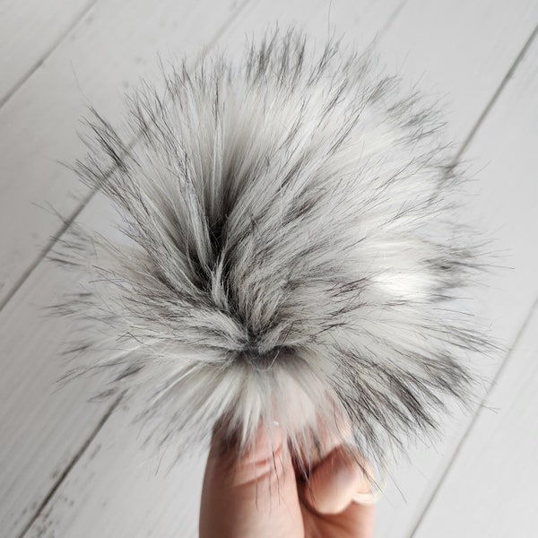 Silver Fox, Faux Fur Pom, Gray Faux Fur Pom, Pom for Hats, Handmade Fur Pom, Poms for Beanies, Poms for Knit Hats, Poms for Crochet Hats