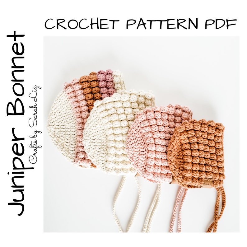 May include: Four crocheted bonnets in different shades of pink, brown, and white. The bonnets are made with a textured stitch and have a simple, elegant design.  Crochet Pattern PDF.