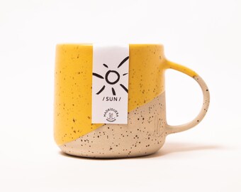 Sun mug. Yellow mug. Pottery handmade mug. Tea cup, Coffee mug.