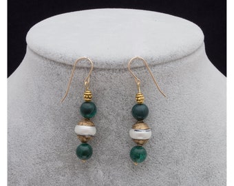 Tibetan Earrings, Malachite, Pearl White, Handmade, Birthday Gift, Free Shipping