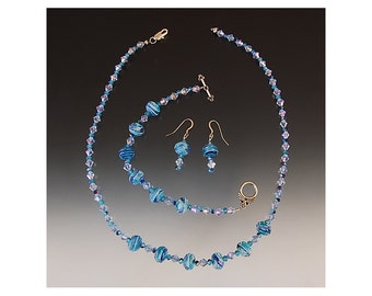 Jewelry Set, Crystal Blue, Hand Beaded, Ready to Ship, Birthday Gift, Free Shipping