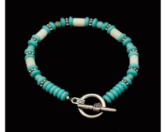 Turquoise and White Bracelet, Hand Beaded, One of a Kind, Birthday Gift, Free Shipping, Ready to Ship