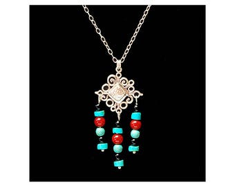 Necklace, Sterling Silver,  Black Turquoise and Red, Hand Beaded,  Native Style, Birthday Gift, Free  Shipping