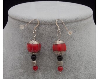 Red Black Tibetan Earrings, Boho, Hippie, Tribal, Native, Handmade, Valentine's Day Gift, Free Shipping, Ready to Ship