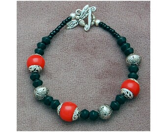 Tibetan Bracelet, Red, Black, and Silver, Hand Beaded, Mother's Day Gift, Ready to Ship, Free Shipping