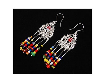 Colorful African Trade Beads Earrings, Sterling Silver, Hippy, Boho, Ethnic, Birthday Gift, Handmade, Free Shipping