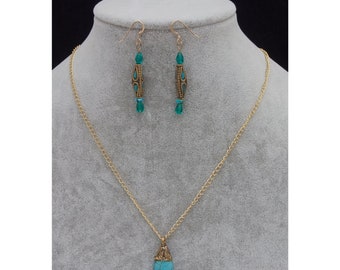 Tibetan Jewelry Set, Earrings and Necklace, Turquoise and Gold, Handmade, Free Shipping, Birthday Gift Gift