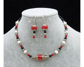 Red and Black Tibetan Jewelry Set, Necklace, Bracelet, Earrings, Handmade, Valentine's Day Gift, Free Shipping