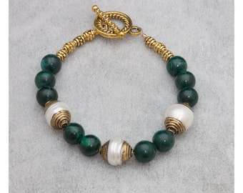 Tibetan Bracelet, Malachite, Pearl White, Handmade, Birthday Gift, Free Shipping, Ready to Ship