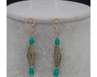 Tibetan Earrings, Turquoise Inlay, Handmade, Ready to Ship, Birthday Gift, Free Shipping