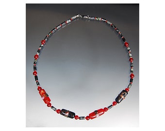 Necklace, Black and Red Lamp Work Glass and Gemstone, Hand Beaded, Birthday Gift, Free Shipping