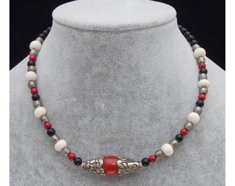 Tibetan Necklace, Red, Black, White, and Silver, Handmade, Free Shipping, Valentine's Day Gift, Ready to Ship