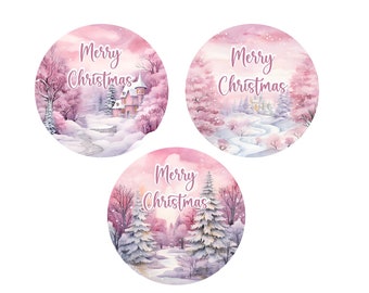 Snowy Pink Christmas Edible Cupcake Topper - Icing Sheet - Cookie Sticker