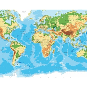 May include: A detailed world map with a blue ocean, green landmasses, and brown mountain ranges. The map shows the continents of North America, South America, Europe, Asia, Africa, Australia, and Antarctica. The map also shows the major oceans, including the Pacific Ocean, Atlantic Ocean, Indian Ocean, and Arctic Ocean.