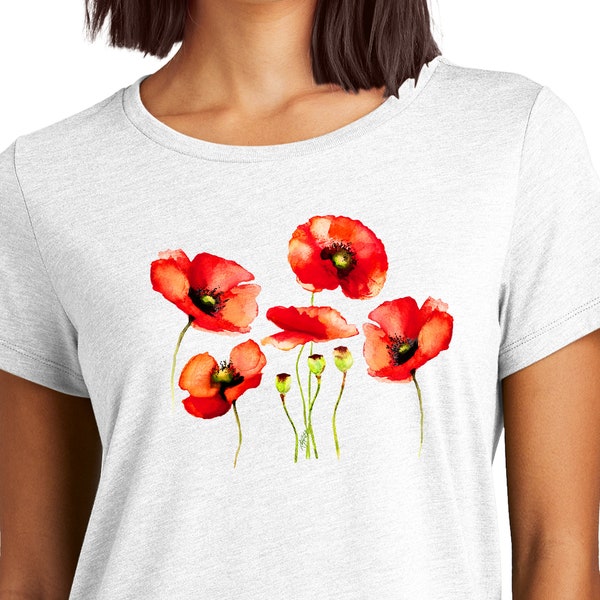 Original Watercolor Red Poppies Wild Flowers Direct To Garment Print Women's Scoop Neck Tee Soft Blend Fairly White