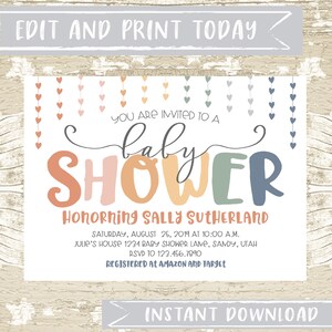 BOHO Rainbow Baby Girl Shower Invitation Instant Download Template with Hearts