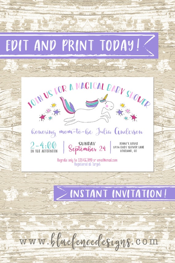 Editable Unicorn Baby Shower Invitation template Unicorn Etsy