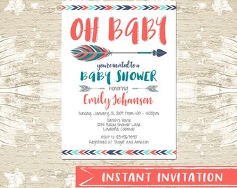 Editable Arrow Baby Shower Invitation, oh baby, girl, gender neutral, template, coral, teal, instant download, baby shower invite