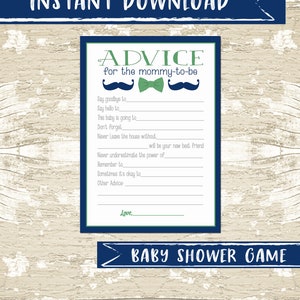 INSTANT DOWNLOAD, Advice for Mom Little Gentleman to Boy Baby Shower Game, little man, blue, green, bow tie, mustache, games, wishes
