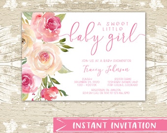 Blush Pink It's a Girl Floral Baby Shower Invitation, DIY Template with beautiful watercolor flowers