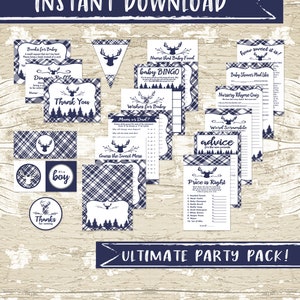 Oh Deer Baby Shower Party Printable Package inNavy and White Plaid, Party Games, Party Decor, DIY, Instant Download