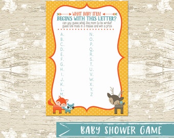 Woodland Baby Shower Game,  ABC Game, Gender Neutral, Forest, Fox, Hedgehog, game, INSTANT DOWNLOAD, blue and yellow, baby shower games