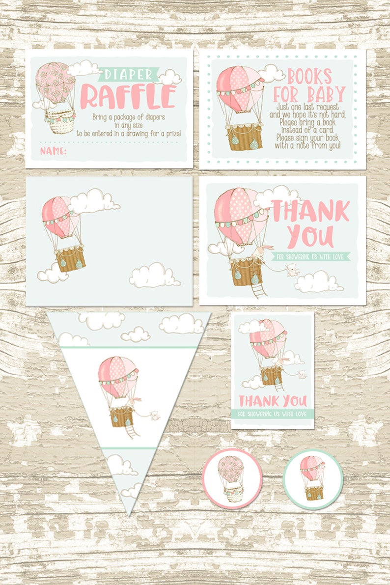 Girl HOT AIR BALLOON Baby Shower Party Package Printable Package image 4