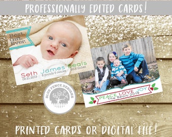 Birth Announcement Photo Christmas Card, religious, customized, multiple sizes available, holiday card, teal, red, christmas tree,  digital,