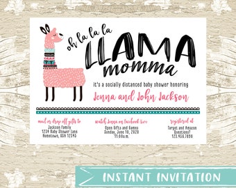 Editable GIR Llama Social Distance Baby Shower Invitation, Baby Shower by Mail, Long Distance, Across the Miles Shower, Llama Momma