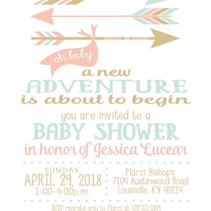 Editable girl baby shower invitation, a new adventure, first time parents, forest, woodland, template, coral, mint, gold, pink, instant image 4