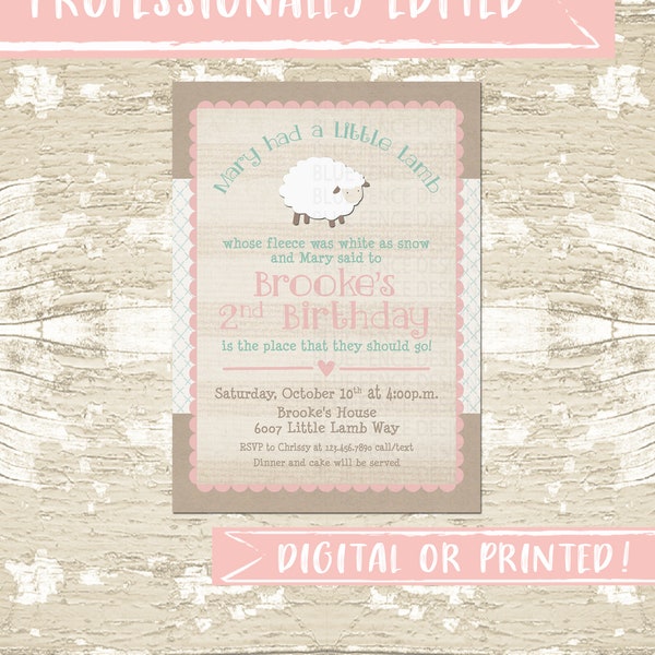 Mary Had a Little Lamb girl birthday party invitation, first birthday invitation, second birthday, shabby, nursery rhyme, pink, turquoise