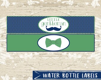 INSTANT DOWNLOAD, Water Bottle Labels Little Gentleman Boy Baby Shower, First Birthday Party, little man, blue, green, bow tie, mustache