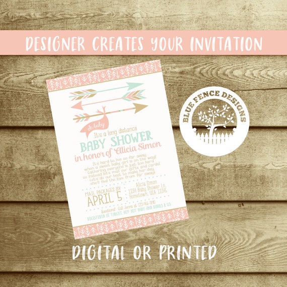 Long Distance Girl Baby Shower Invitation Can Change All Colors A New Adventure Across The Miles By Mail Arrows C Mint Gold