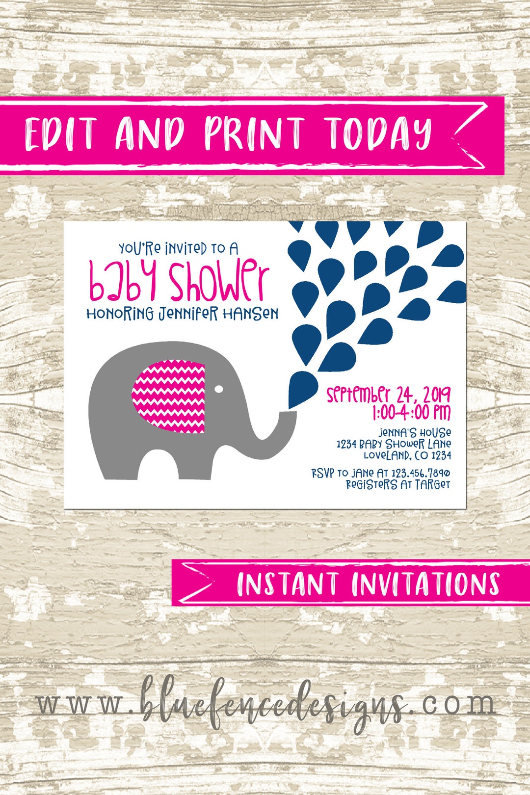 Editable Elephant Baby Shower Invitations, Baby Girl Shower Invitations ...