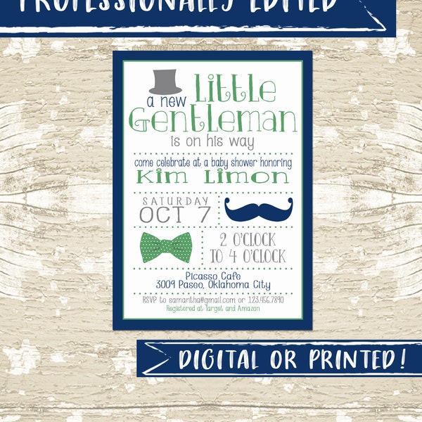 Little Gentleman baby boy shower invitations, top hat, bow tie, mustache, gray, navy, green,  little man, template, printable, digital, card