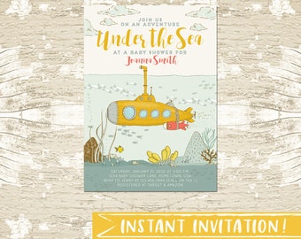 Under the Sea Submarine Baby Shower Invitation Template, digital file.