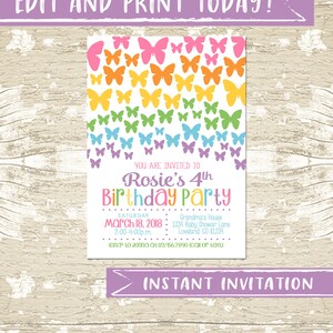 Editable Girl Birthday Party Invitation Template, butterfly birthday invite, butterfly birthday, first birthday, instant download, corjl