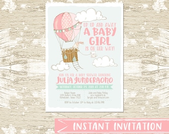 INSTANT Hot Air Balloon Baby Shower Girl Shower Invitation - Printed or Digital File