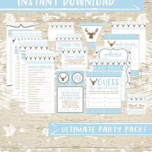 Gold and Baby Blue Oh Deer Boho Baby Shower Party Printable Package, Party Games,  Party Decor,  Instant PDF, DIY