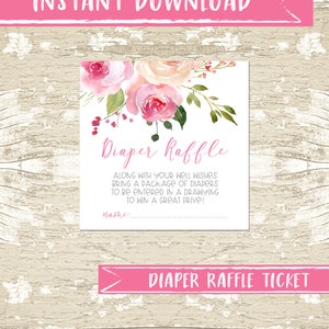 DIY INSTANT DOWNLOAD Watercolor Floral Baby Girl Diaper Raffle Ticket zdjęcie 1