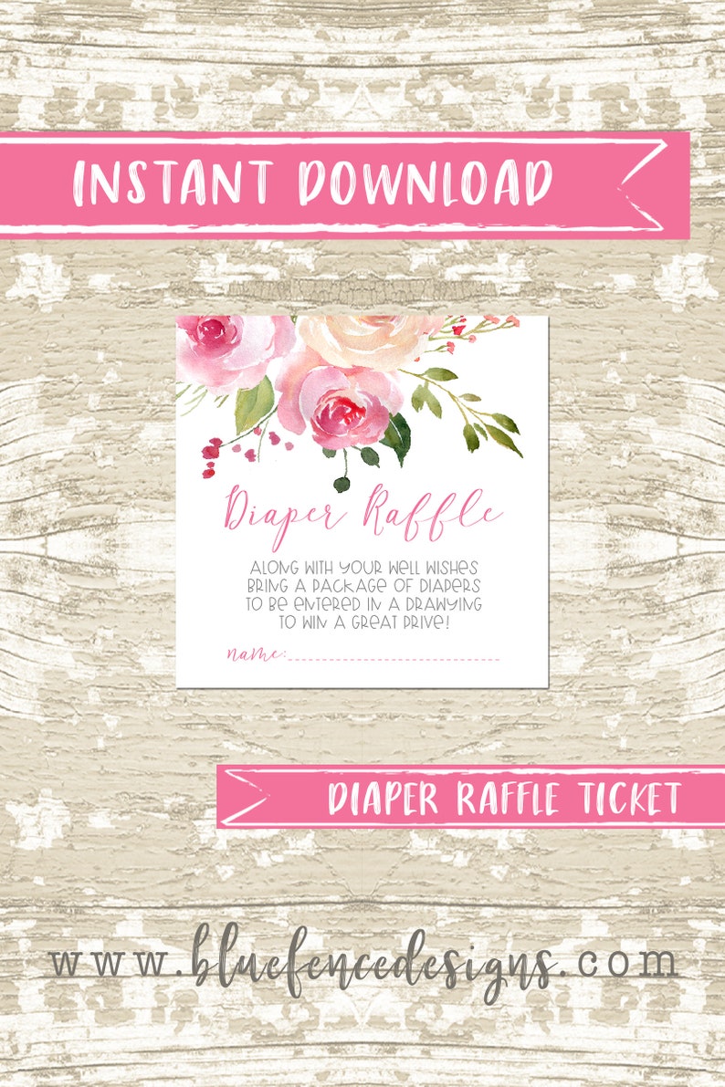 DIY INSTANT DOWNLOAD Watercolor Floral Baby Girl Diaper Raffle Ticket image 1