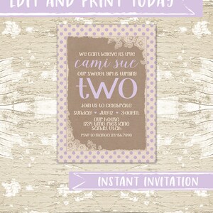 Vintage Lavender Dot Girl Birthday Party Invitation-Instant Download