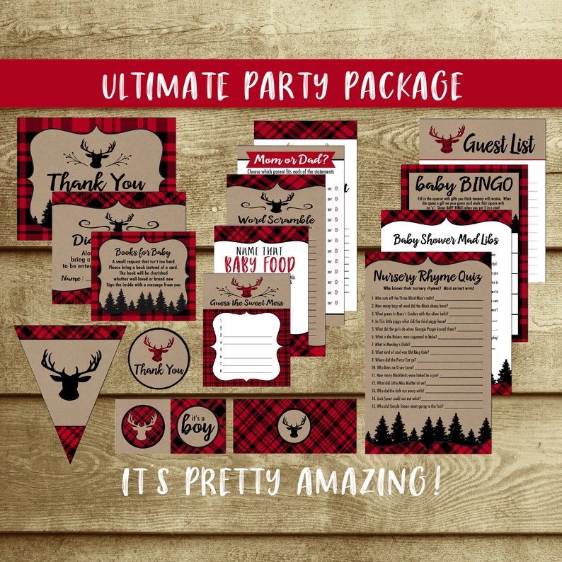 Oh Deer Baby Shower Party Package, Printable Red and Black Plaid Baby Shower Decor, Party Games, Party Decor, DIY, Instant, Lumberjack image 5