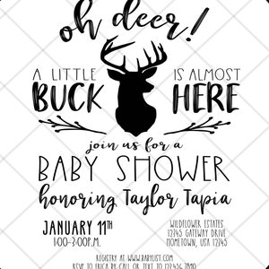 Baby Boy Shower Invitation, Oh Deer Black and White Plaid, Little Buck, Antlers, DIY image 2