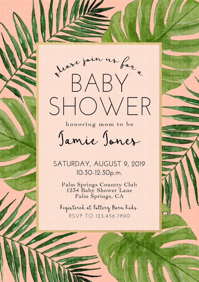 Tropical Baby Shower Invitation Coral and Palms Shower Etsy