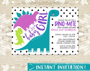 Editable Girl Dinosaur Baby Shower Invitation, Dinosaur Girl baby shower, Graphic Dinosaur Baby Shower, Dinosaur Baby Shower Invite, DIY