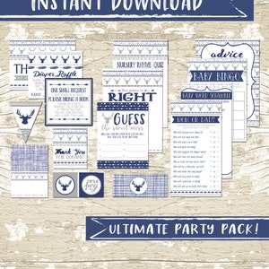 Gray and Navy Oh Deer Boho Baby Shower Party Printable Package, Buck Tribal Party Printable,  Party Games,  Party Decor,  Instant PDF, DIY